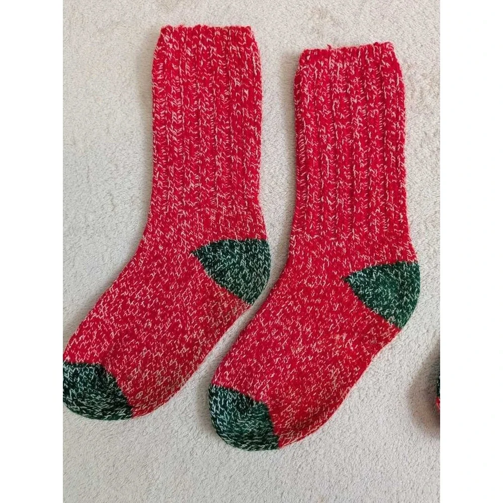 Cozy Knit Crew Socks Red Green Fair Isle Pattern Cozy Winter Warm Hand Knit Sock